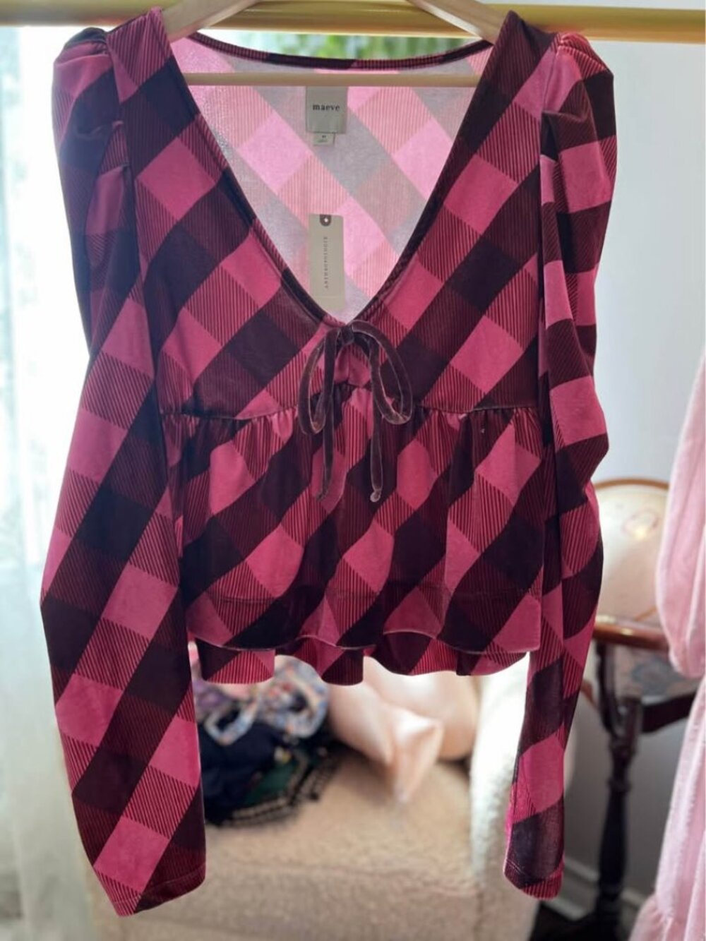 Anthropologie Maeve Pink Velvet Check Babydoll Top - Medium